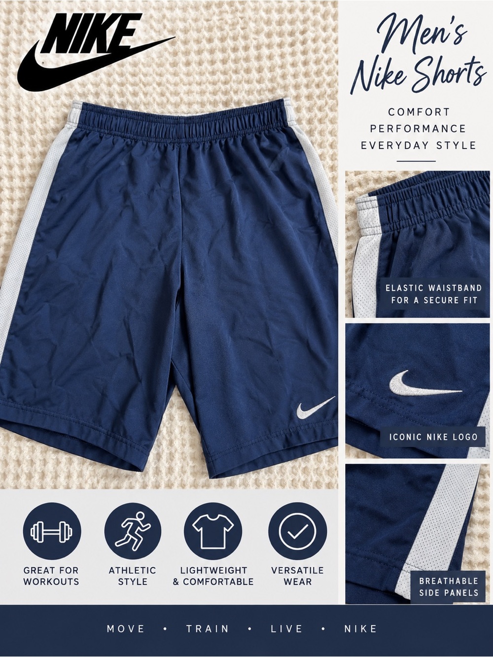 Nike Men’s Navy and White Athletic Shorts